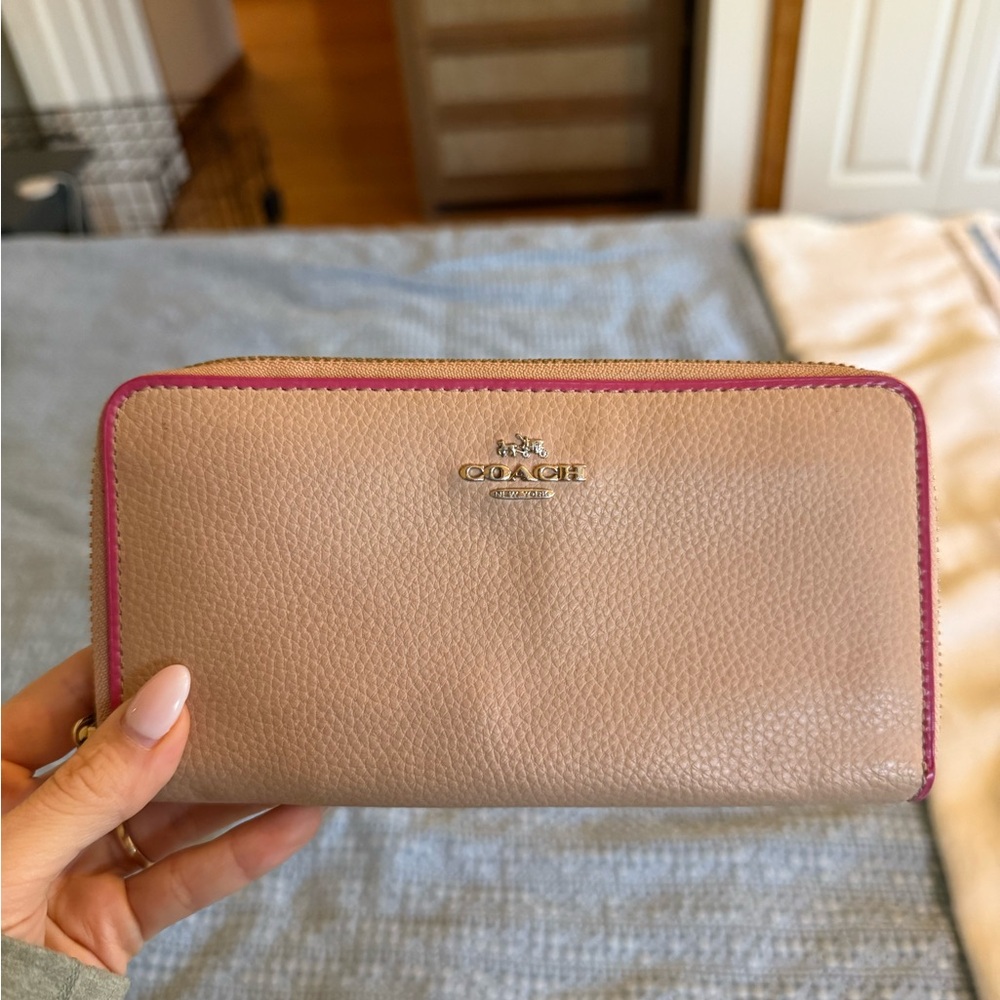 Coach Pebbled Leather Zip Wallet in Taupe with Pink Trim